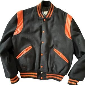 Vintage DeLong Varsity Letterman Jacket Black Orange Wool USA Sz 42